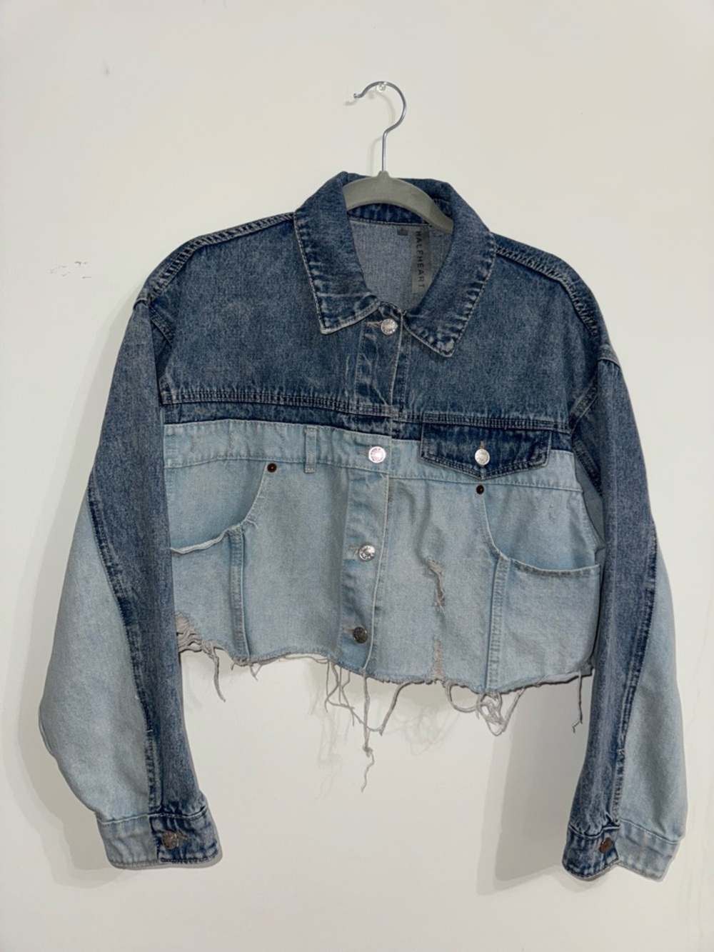 Cropped Two-Tone Denim Jacket - Blue